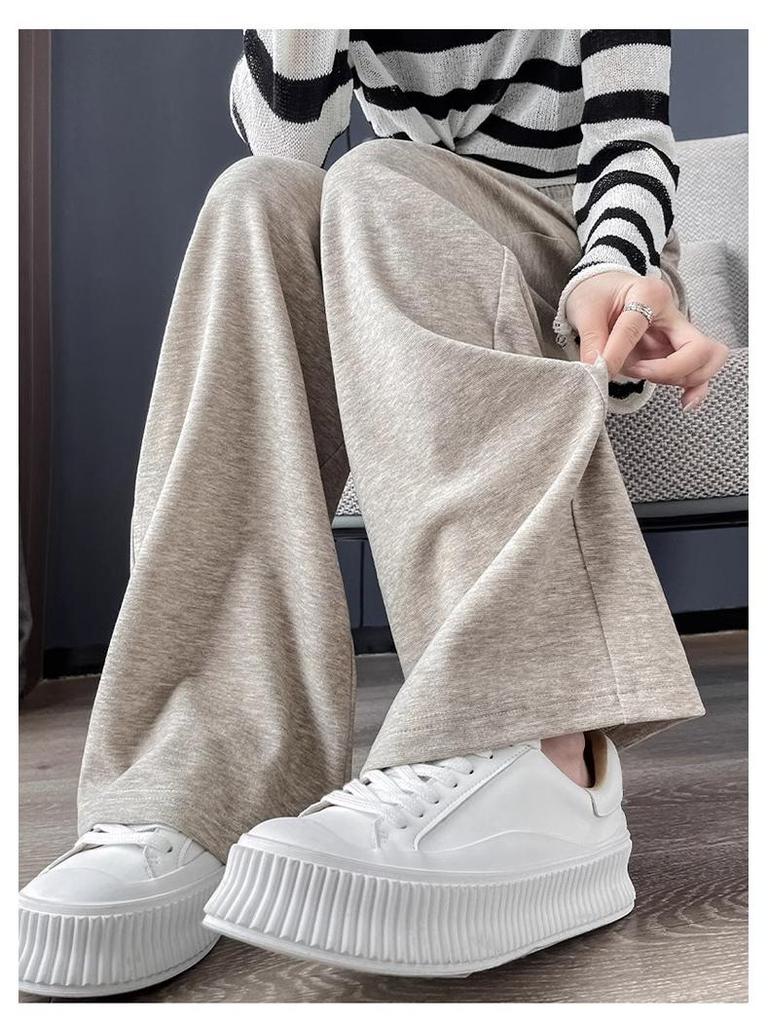 Petite Grey Glutinous Rice Style Straight Leg High Waist Pants (XS) - Women's Slim Fit, Wide Leg for Autumn/Spring