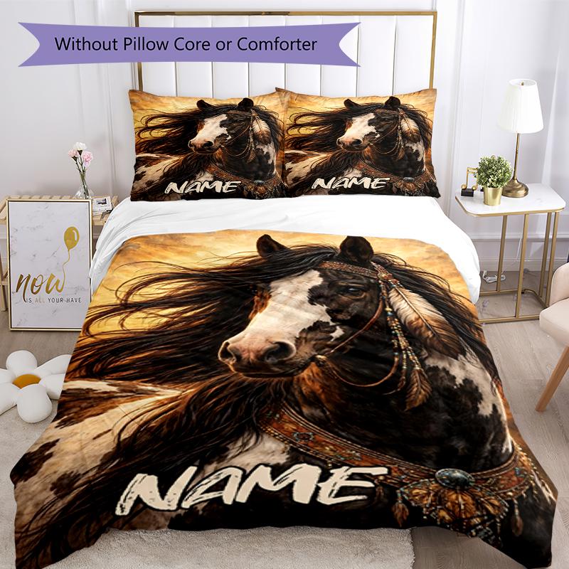 3pcs Custom Name Horse Bedding Set Duvet Cover Closure Includes 1 Duvet Cover & 2 Pillowcases, Soft and Comfortable for All Seasons.