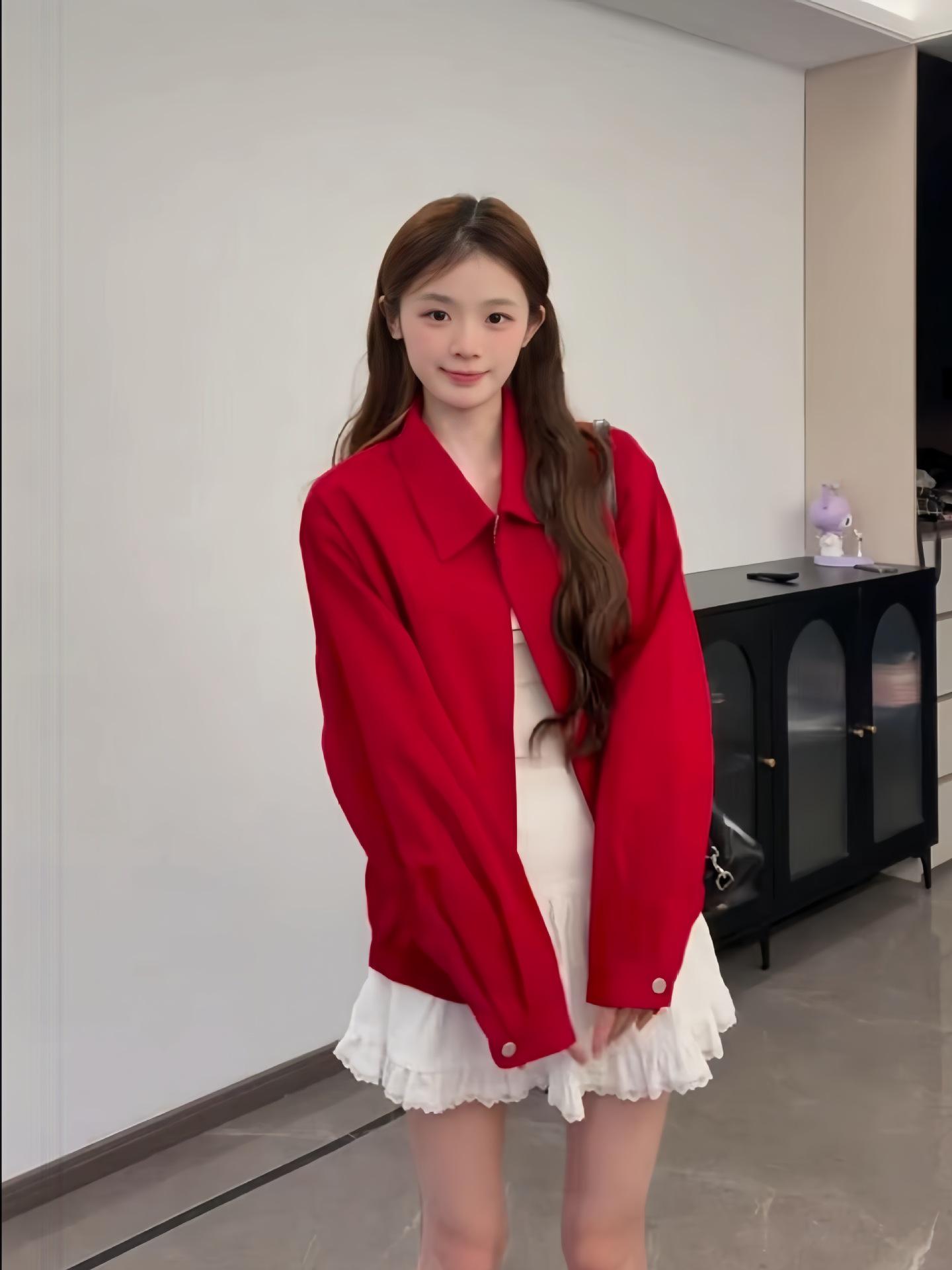 

Женская красная лацканистая куртка со знаком зодиака - Весна/Осень, Повседневная, Универсальная, Короткая и свободная M красный