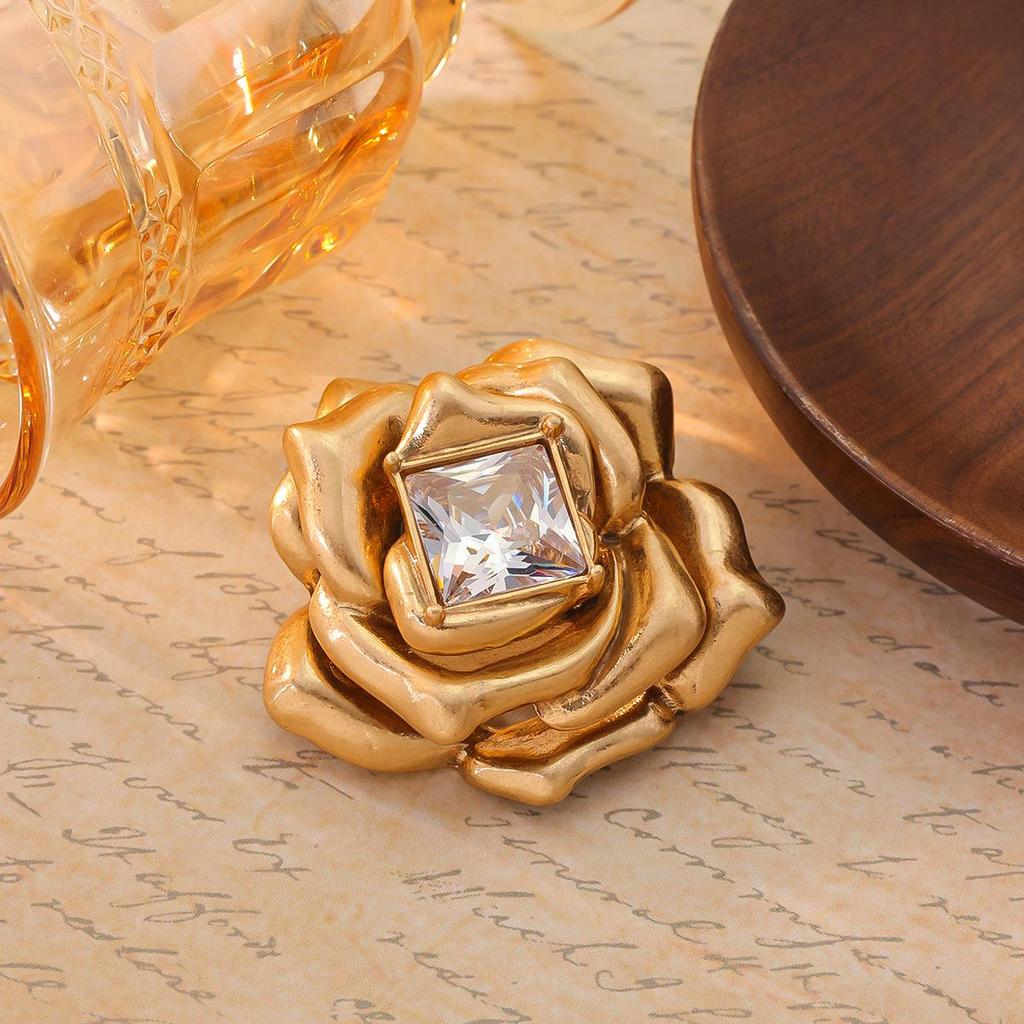 Vintage Rose Flower Jewelry Set: Cubic Zirconia Necklace, Brooch, Ring, and Earrings