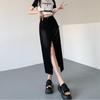 Damen Vintage High Waist A-Linien Denim Midi-Rock mit Fransen-Saum und Trendy Schlitz