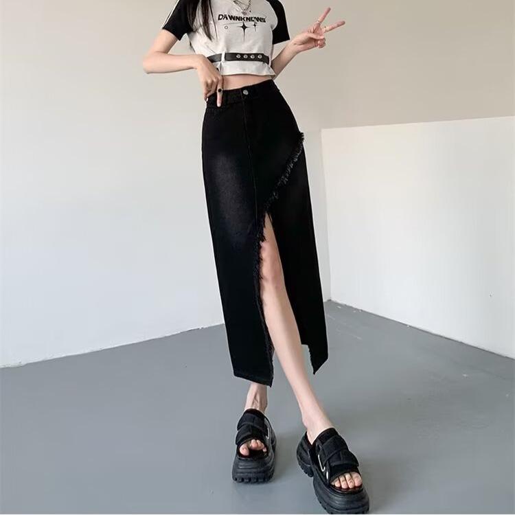Damen Vintage High Waist A-Linien Denim Midi-Rock mit Fransen-Saum und Trendy Schlitz