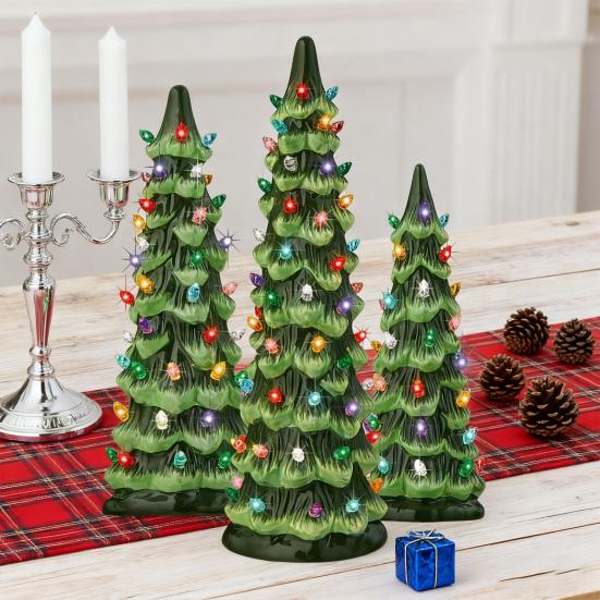 Pre-lit Hand-Painted Resin Tabletop Christmas Tree Small Light Up Holiday Tree Decoration for Home Party Decor