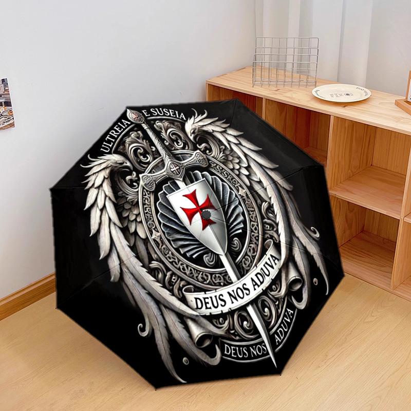 1PC Knightly Crusader Emblem Automatic Umbrella - Suitable Travel Outdoor Portable Umbrella Birthday Gift Daily Essentials