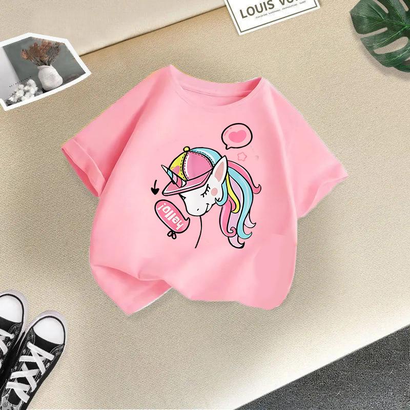 New Girls' Short Sleeved Children's T-shirt Fireworks Printed Versatile Middle and Small Children's Top Summer Fashion