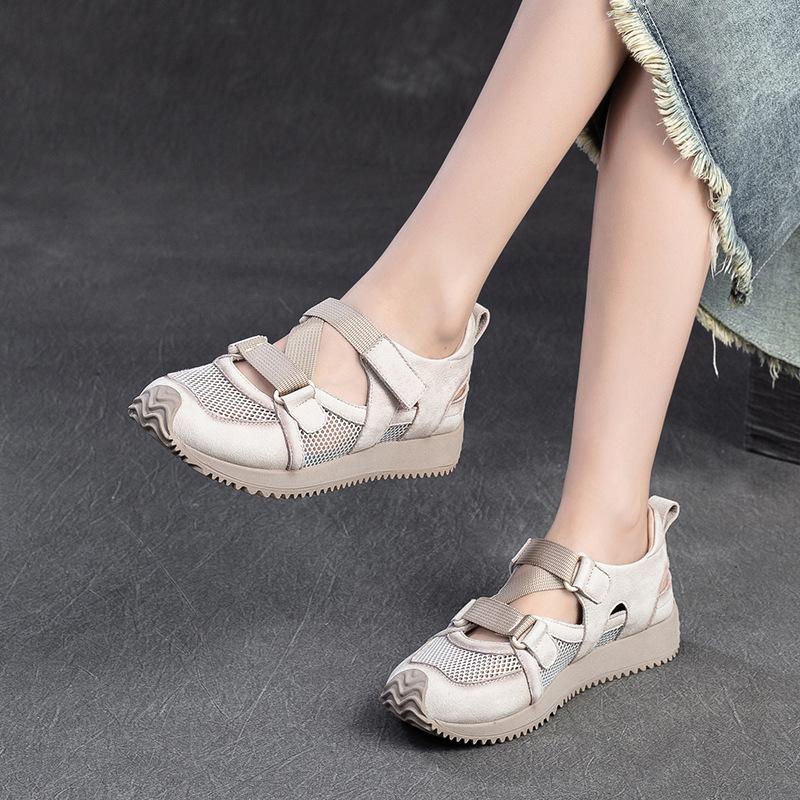 Sommer neue Farbabstimmung Sportstil lässige Einzelschuhe Klettverschluss atmungsaktives Mesh Leder Damenschuhe