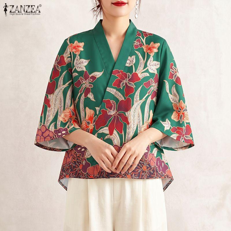 ZANZEA Blusa Casual da Donna con Scollo a V Maniche 3/4 Ampie Stampa Floreale