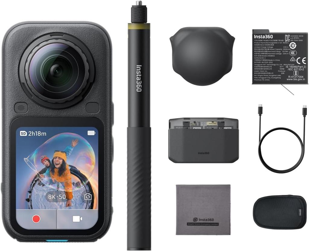 Insta360 X6 Essential Kit 8K camera with AI up to 140 minutes of recording waterproof action 360-degree 1/1.1-inch sensor, editing, time, camera.