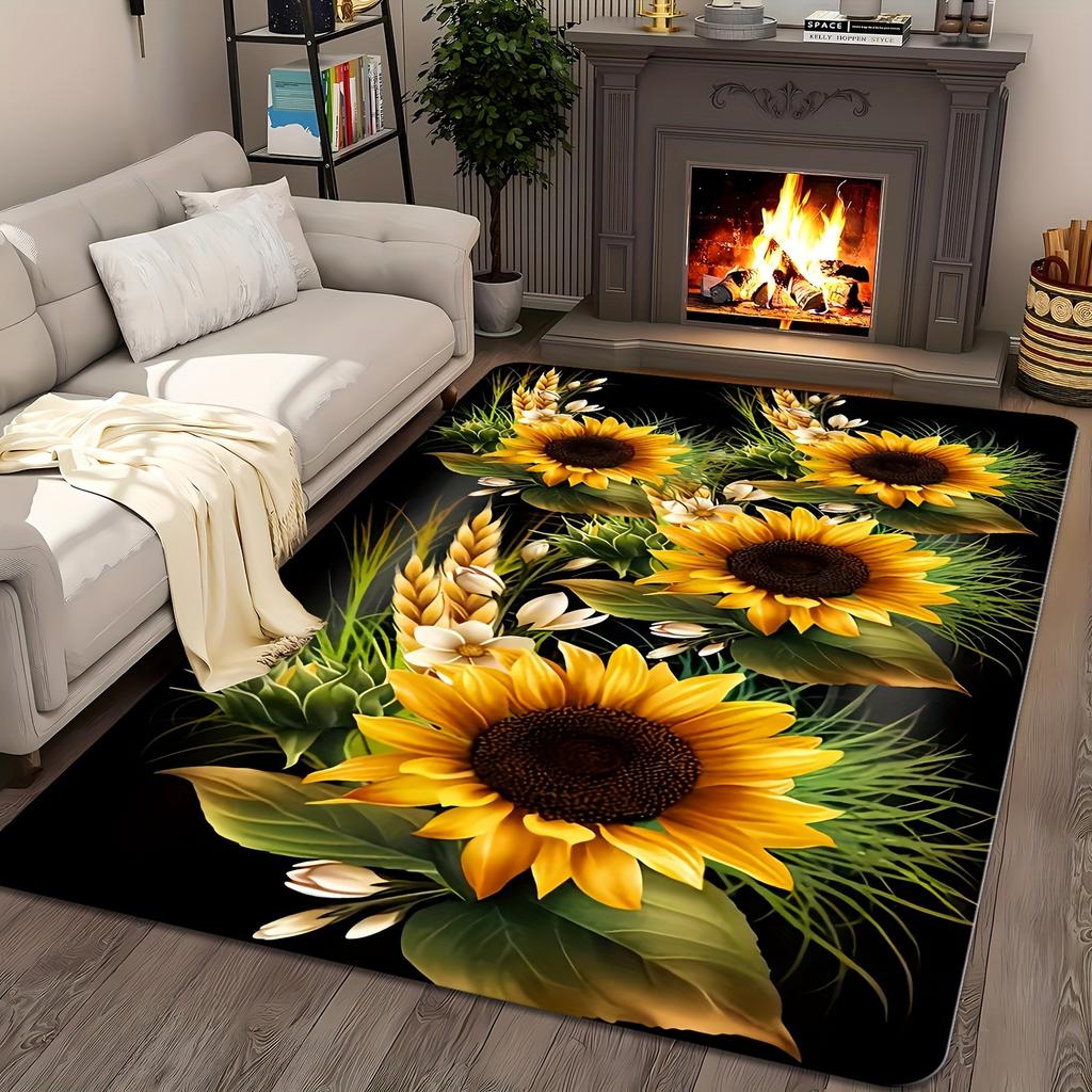 Sunflower Pattern Non-Slip Area Rug, Machine Washable Soft Polyester Mat for Living Room Bedroom Kitchen Entryway Decor