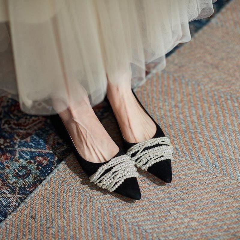Fashion Hot Selling Spring  Pearl Beads Decorated Pointed Toe Shallow Mouth Breathable Casual Women's Shoes 2025 New Elegant Flat Shoes