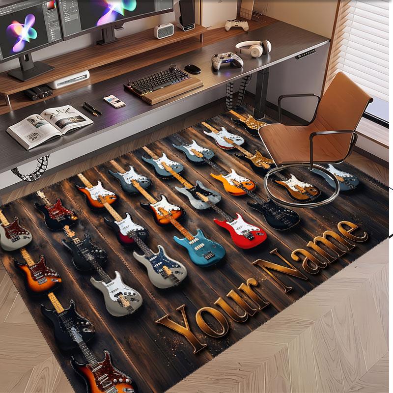 Music Guitar Theme Soft Crystal Velvet Rug Custom Name & Text Print Non Slip Floor Rug for Bedroom Living Room