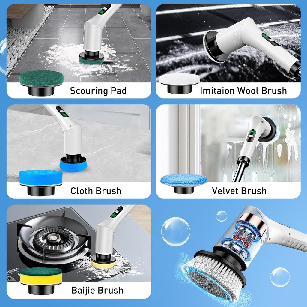 Multi-functional Wireless Electric Cleaning Brush with Rotating Telescopic Handle and Digital Display