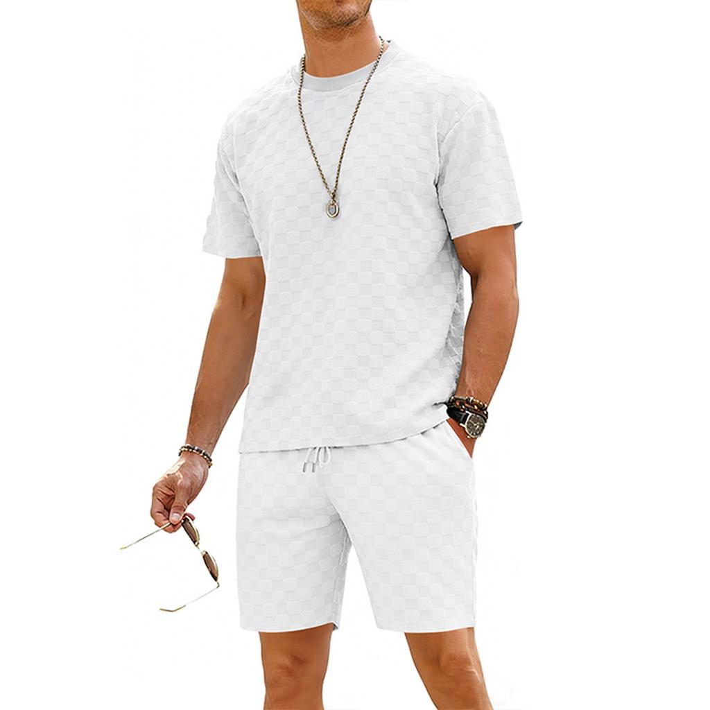 Men's Round Neck Checkered Casual Short Sleeve Drawstring Shorts Set