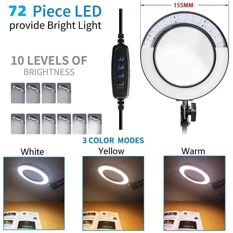 3 Colors LED Magnifying Glass 72LED 8X/10X NEW Illuminated Magnifier USB for Soldering Iron Repair/Table Lamp/Skincare Beauty