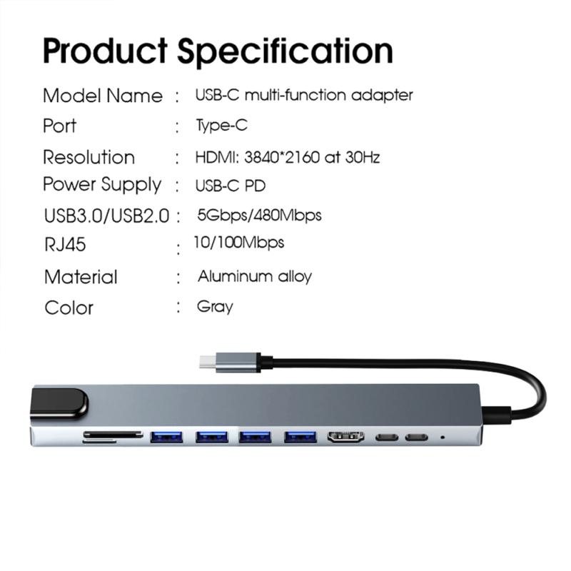 10v 1 USB C Hub adaptér, s Ethernetem kompatibilní s Hdmi 4k 100w napájení 4 porty USB-a