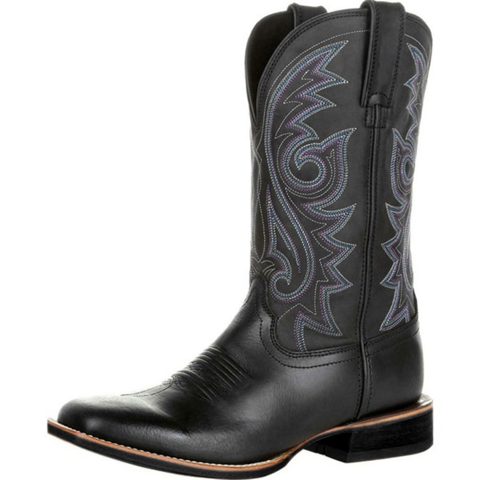 

Men s Leather Retro Embroidered Boots Wide Head Middle Tube Thick Soled Boots 41 чорний
