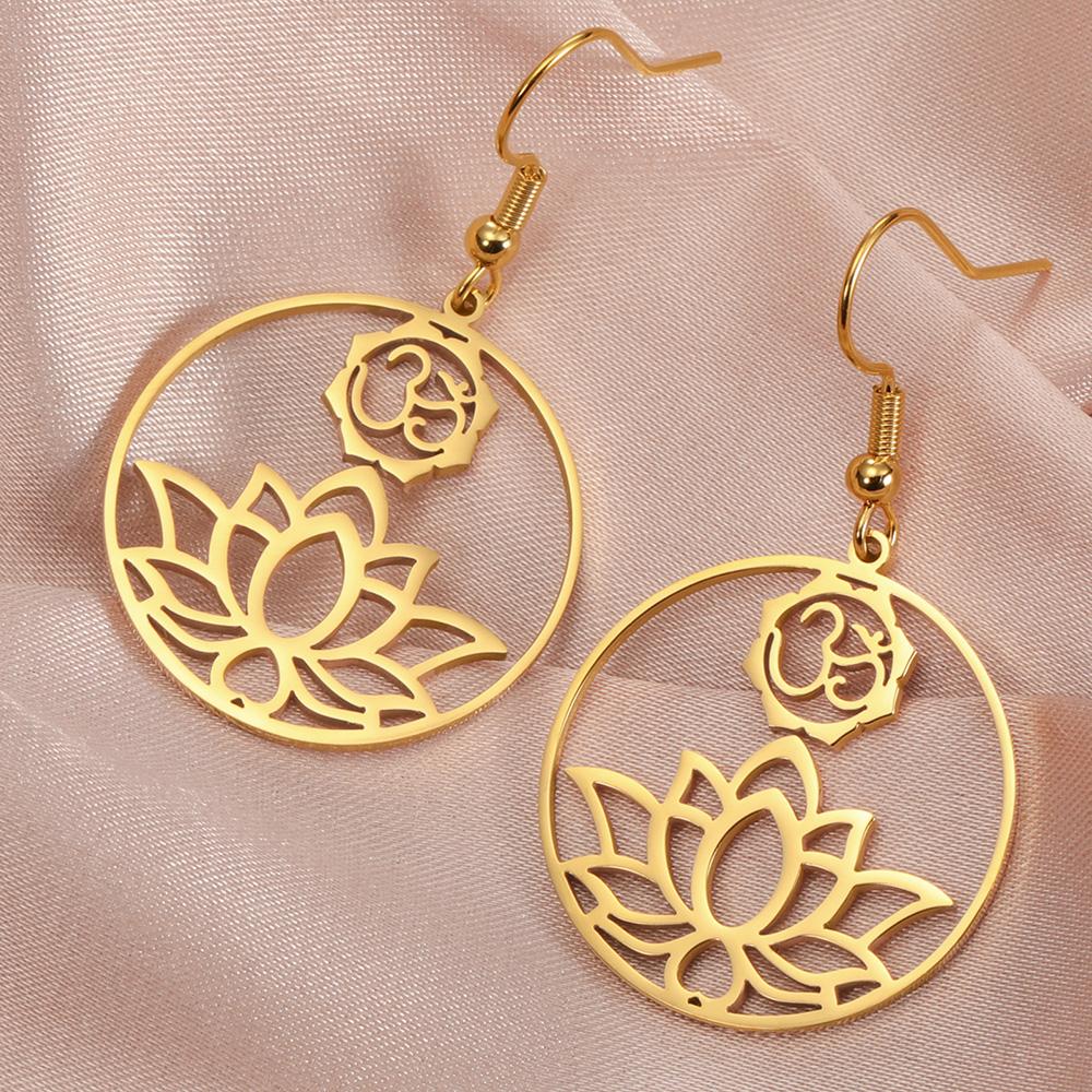 Dawapara Yoga Lotus OM Symbol Dangle Earrings for Women Girls Aum Ohm Spiritual Amulet Chakra Pendant Stainless Steel Jewelry
