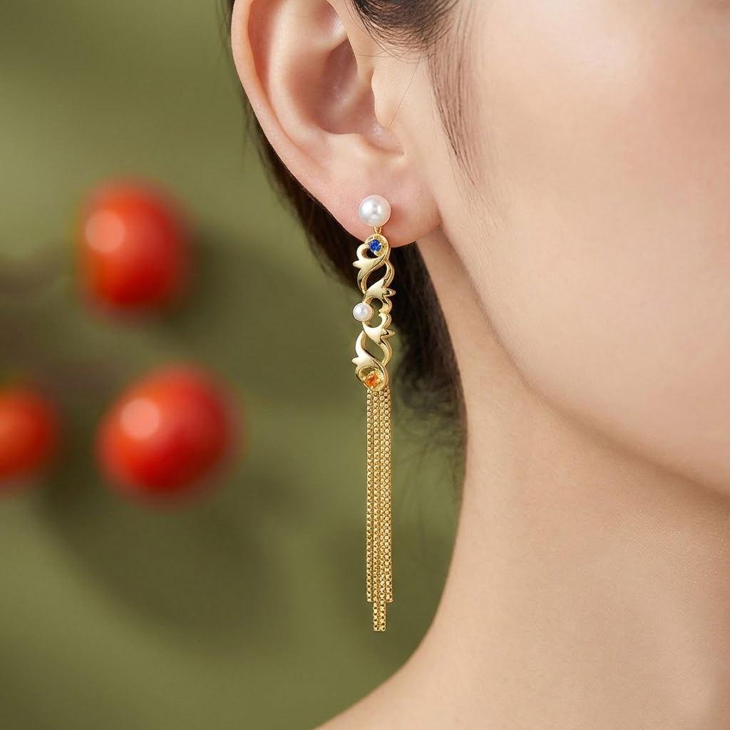 Autumn and winter new pearl earrings 925 sterling silver earrings high-end light luxury niche ins long fringed earrings 925 silver