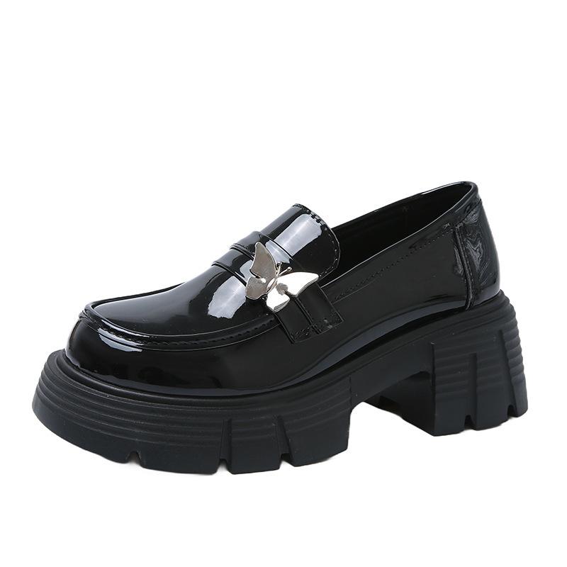 Thick-soled heightening women's spring new black small leather shoes, one-pedal single shoes women