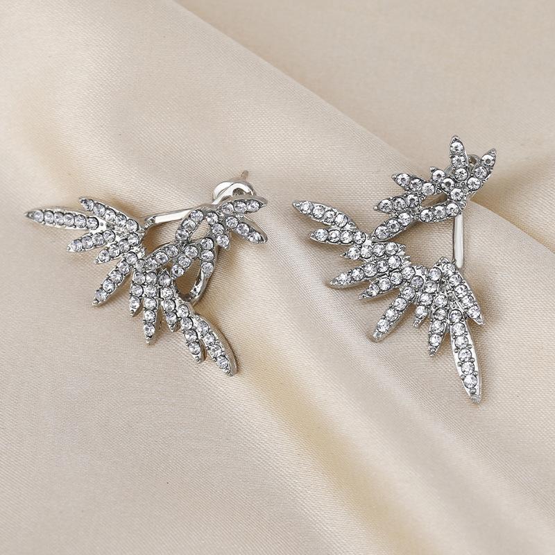 Angel Wings Full Diamond Stud Earrings Female S925 Silver Needle Removable Design Feather Personality Fashion Earrings