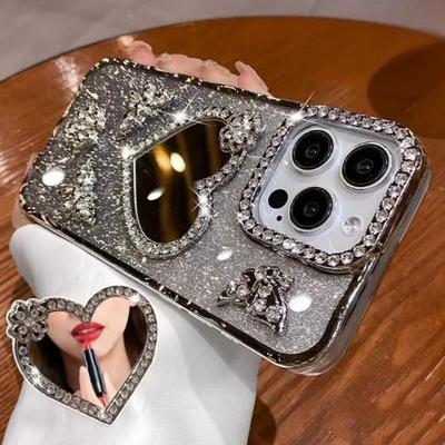 Heart Make Up Mirror Case For iPhone 16 Pro Max 15 Plus Plating Butterfly Cover For iPhone 14 Pro 13 12 11 Glitter Diamond Case