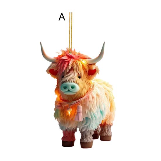 Christmas Cow Ornament Xmas Tree Cartoon Highland Cow Hanging Decorations 2D Flat Acrylic Pendant for Car Rearview Mirror Tree Decor
