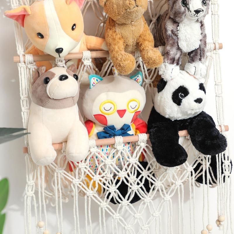 1pcs 3-Tier Wall-Mounted Plush Toy Organizer Cotton Rope & Wooden Storage Shelf for Books Decor Hanging Net Pocket Display Rack