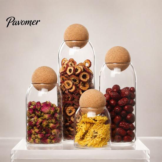 Gift for Home Organization Glass Storage Jar with Wooden Ball Cork Lid, Moisture-proof Airtight Food Heat Resistant Jars Container, Transparent