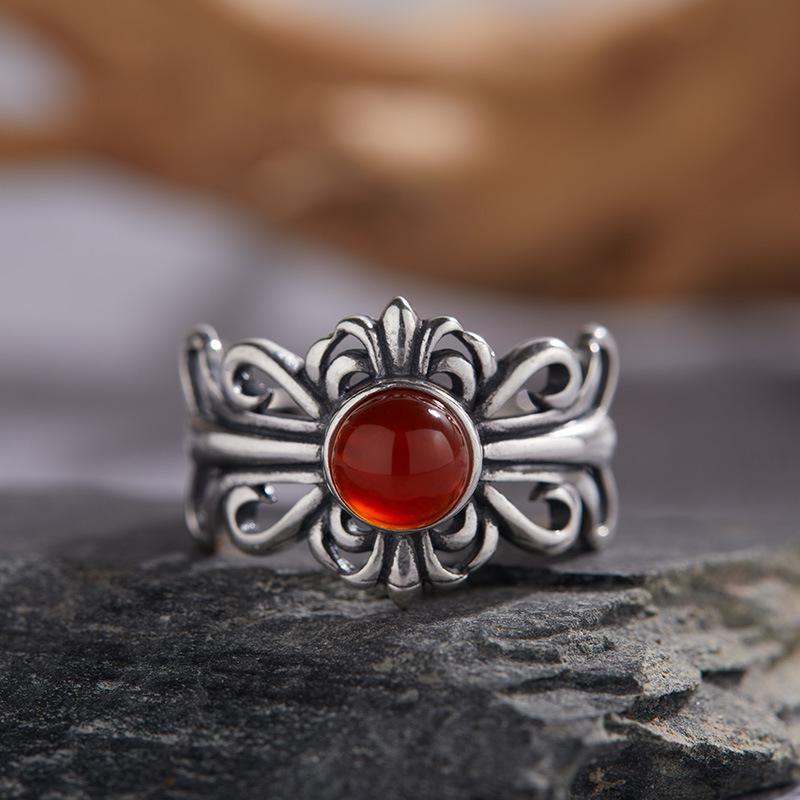 Personalized S925 Sterling Silver Natural Colored Treasure Ring, Retro Iris Exquisite Open Ring, Adjustable Couple Index Finger Ring