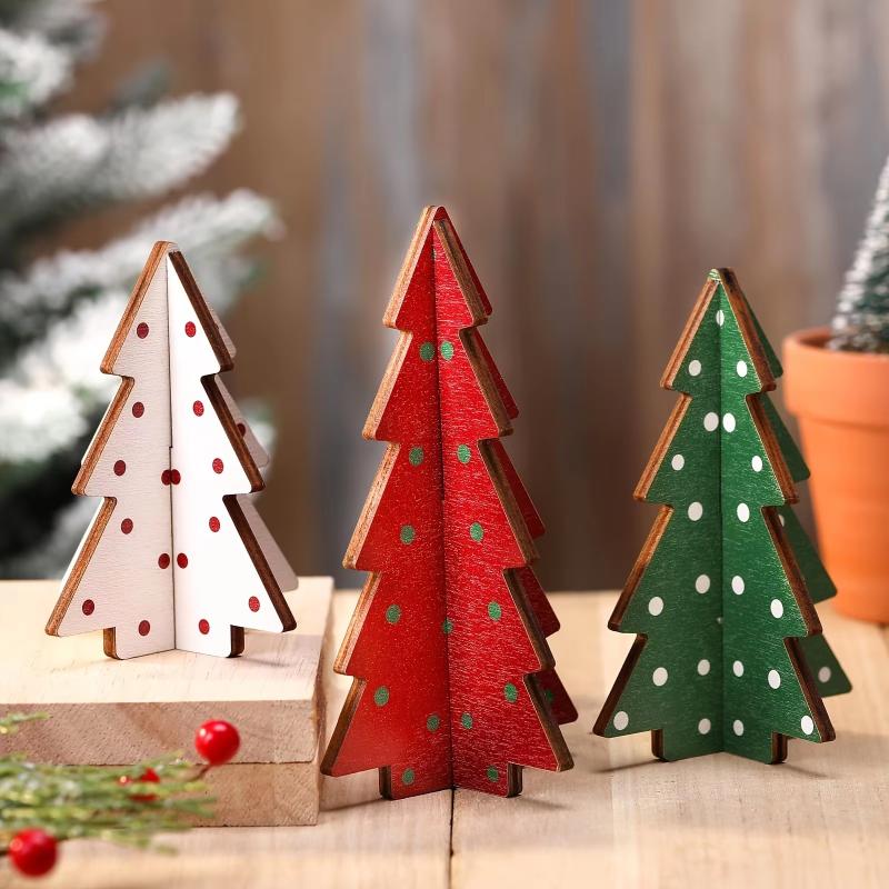 3 Pieces Christmas Decor Plaid Wooden Tabletop Trees 5.5 Inch Height 3D Holiday Home Decorations Set Festive Ornaments