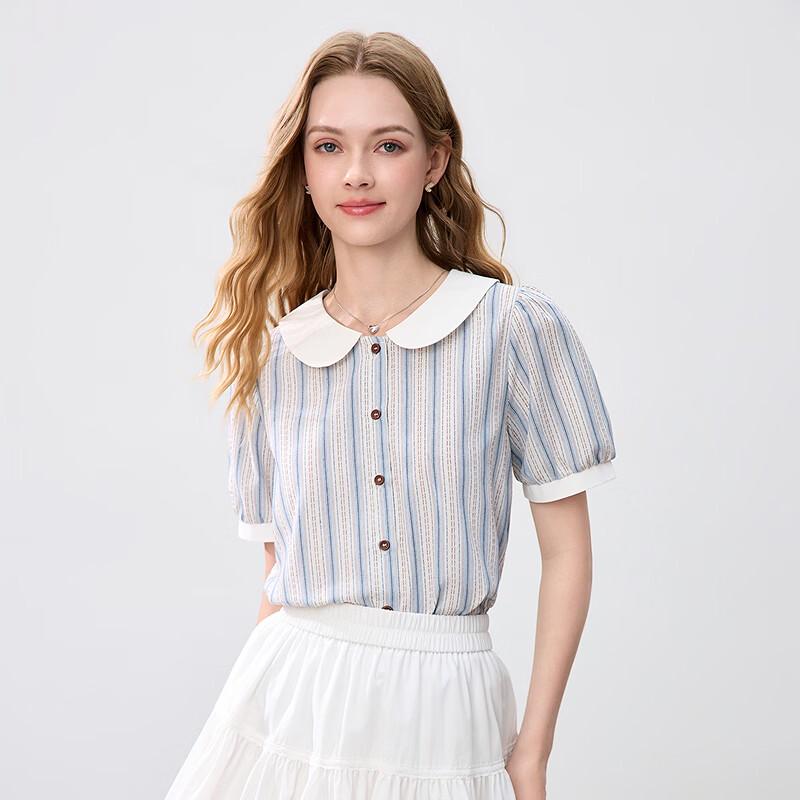 Betu Women's Striped Puff Sleeve Doll Collar Short Sleeve Shirt