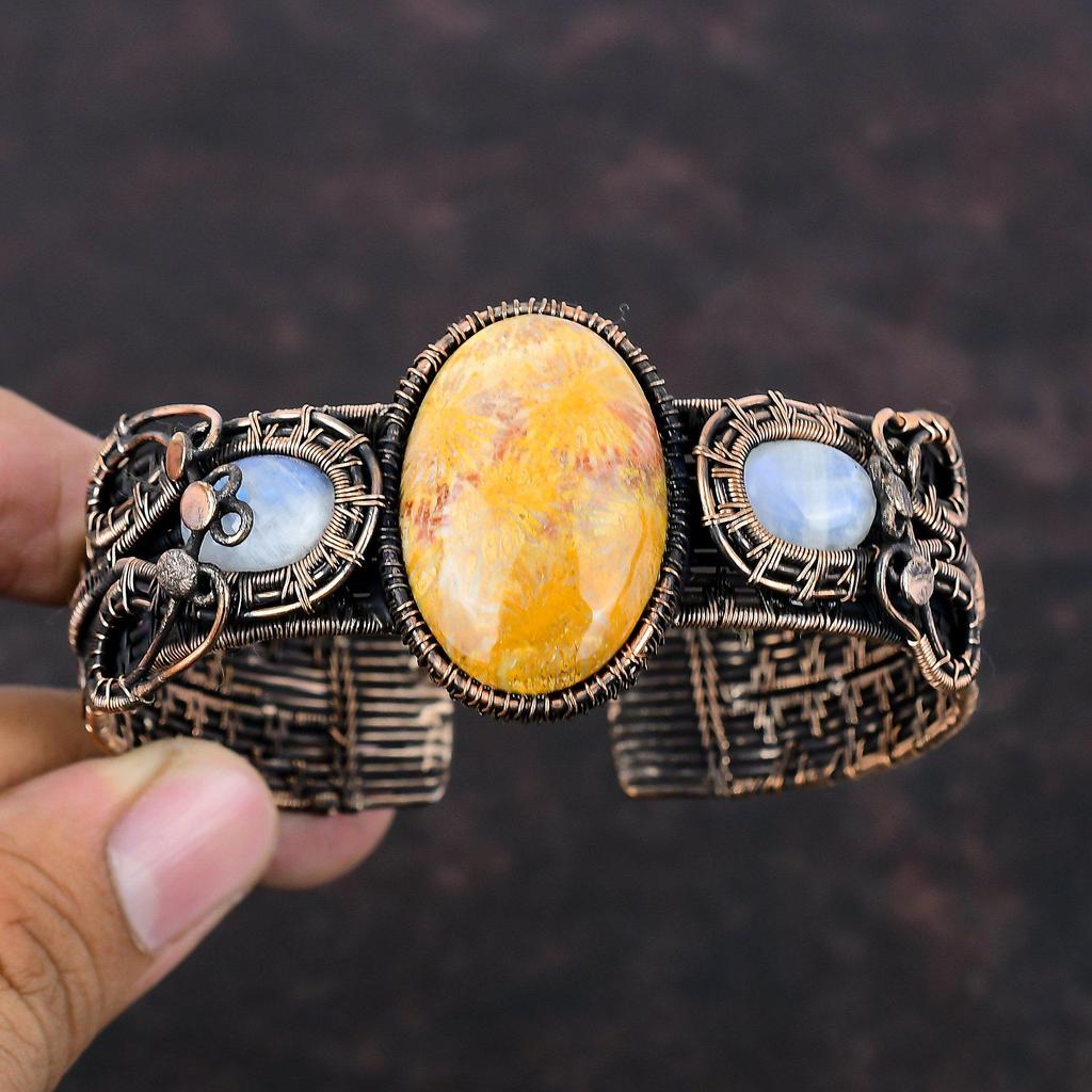 Fossil Coral Gemstone Bangle Copper Wire Wrapped Cuff Bracelet Handmade Adjustable Bangle Copper Jewelry For Gift Rainbow Moonstone Bangle