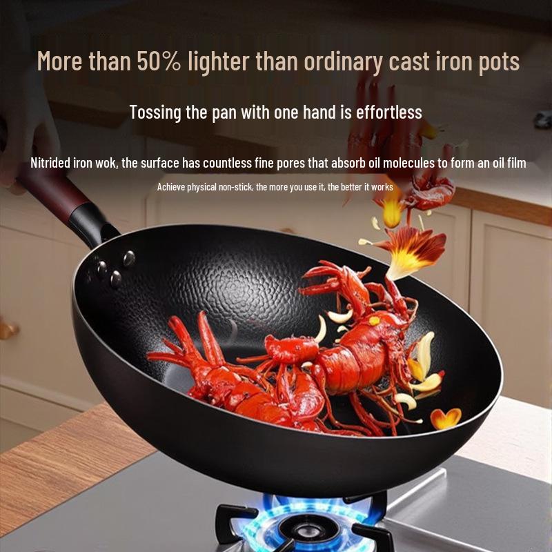 Uncoated Hand-Hammered Forged Iron Wok with Non-Stick Surface and Stir-Fry Spatula for Open Flame Household Cooking
