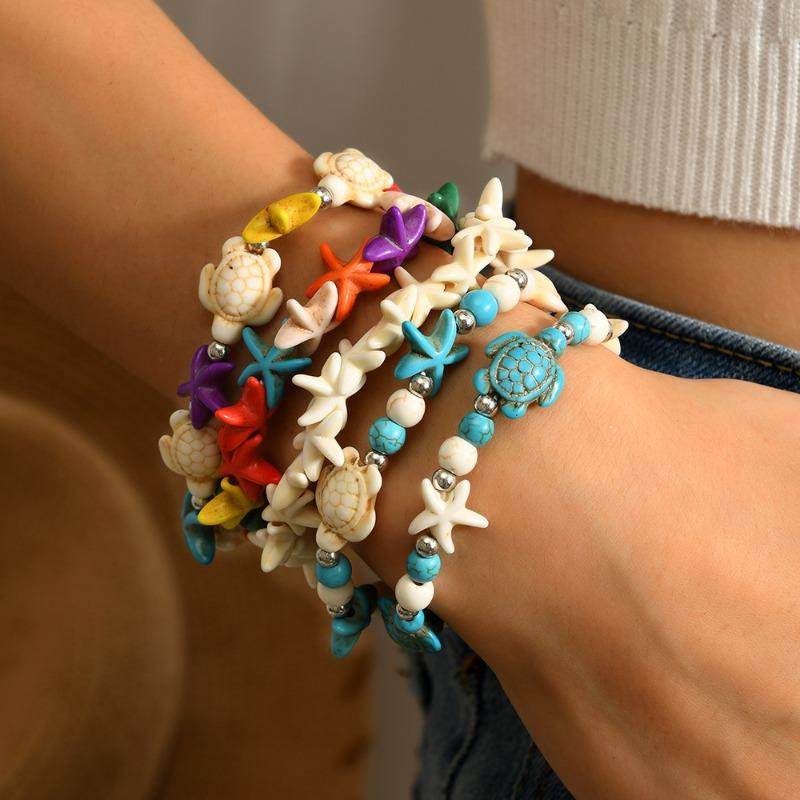 Hot Sale Summer Ocean Wind Jewelry Shells Starfish Turtle Woven Bracelet, Seaside Elastic Beaded Bracelet
