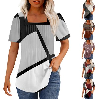 T Shirts For Women Pleated Square Neck Dressy Casual Blouses Printing Short Sleeve Summer Tops Loose Fit