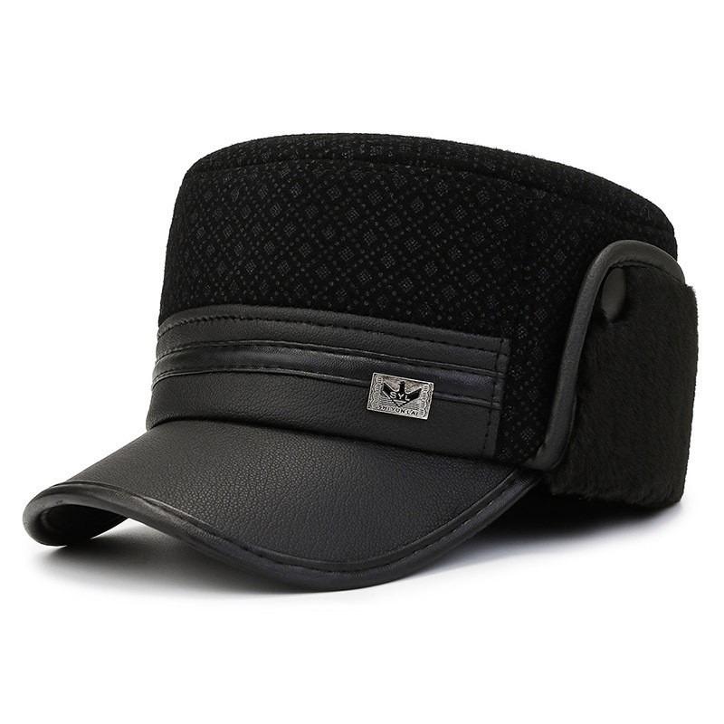 Winter New Men's Flat Top Hat Leather Hat Outdoor Windproof Grandfather Velvet Thickened Ear Protector Warm Hat
