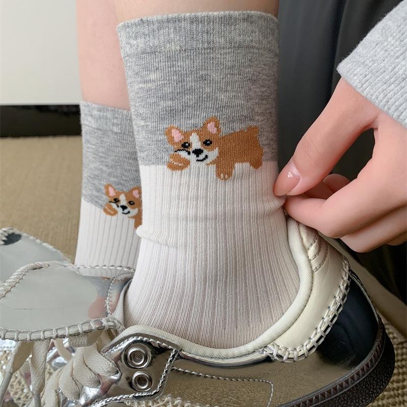 

Женские весенне-осенние носки-гольфы из чистого хлопка с милым мультяшным принтом, в полоску, с щенком, в стиле преппи, бесшовные 1 pair белый/серый