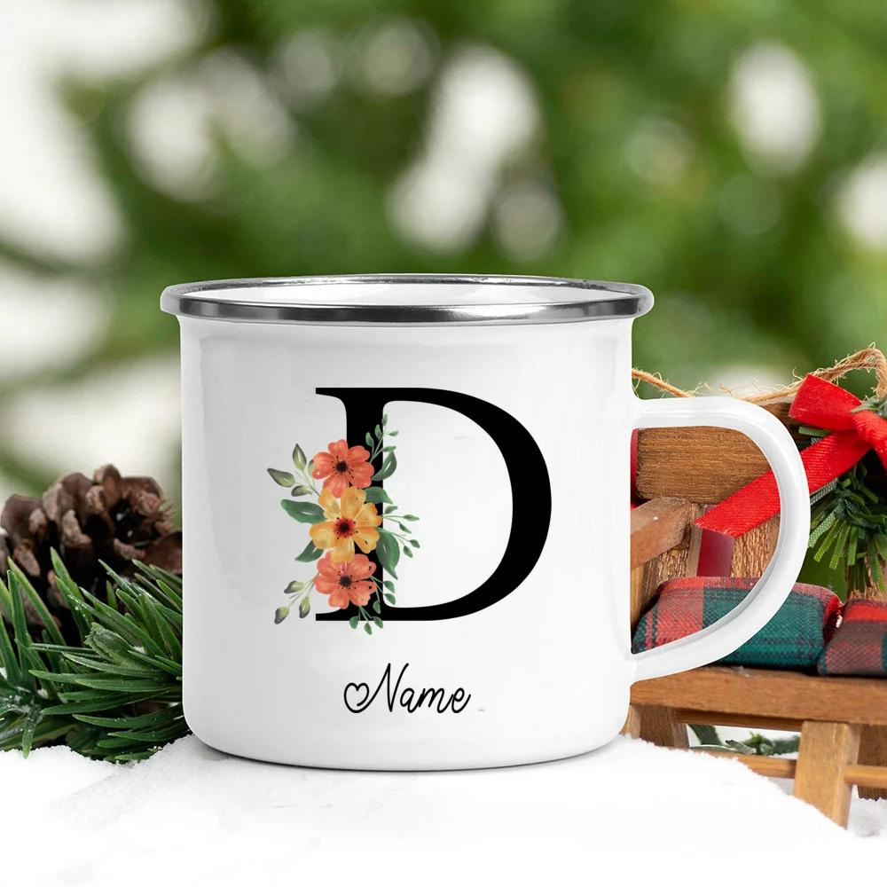 Personalisierte Namens Emailletasse Benutzerdefinierte Blume Buchstabe Alphabet Tasse Camping Henkel Kaffee Tee Milch Tassen Festliche Geburtstagsgeschenke
