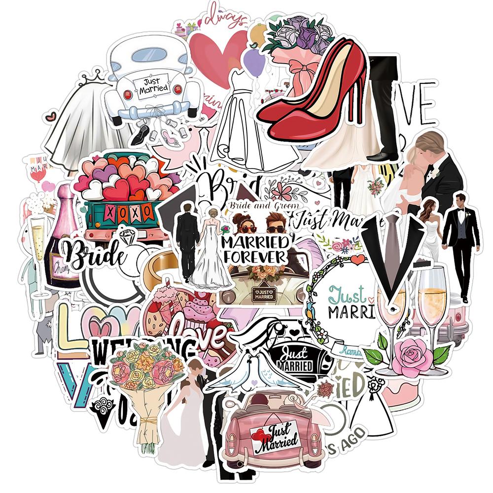 50pcs New Cartoon Wedding Decoration Stickers PVC Material Personalized DIY Notebook Scrapbook Waterproof Wedding Dress Stickers