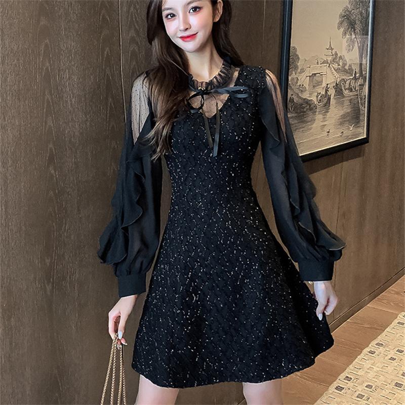 Long Sleeve Dresses Women Black Lace Patchwork Casual Office Ladies Elegant Slim Party Spring Vestidoes Chic Mid-Calf Vintage