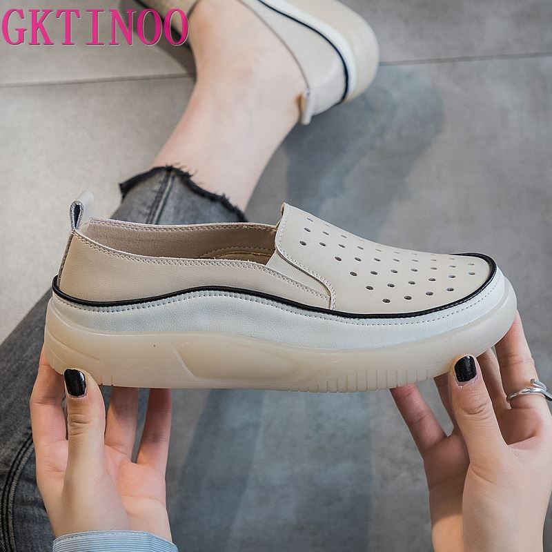 Fashion GKTINOO Women Sneakers Big Size 2025 Spring New Genuine Leather Loafers Hollow Out Women Casual Slip-On Women's Nurse Shoes