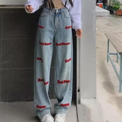 Damen High Waist Wide-Leg Jeans mit roter Buchstabenstickerei - Herbst Streetstyle