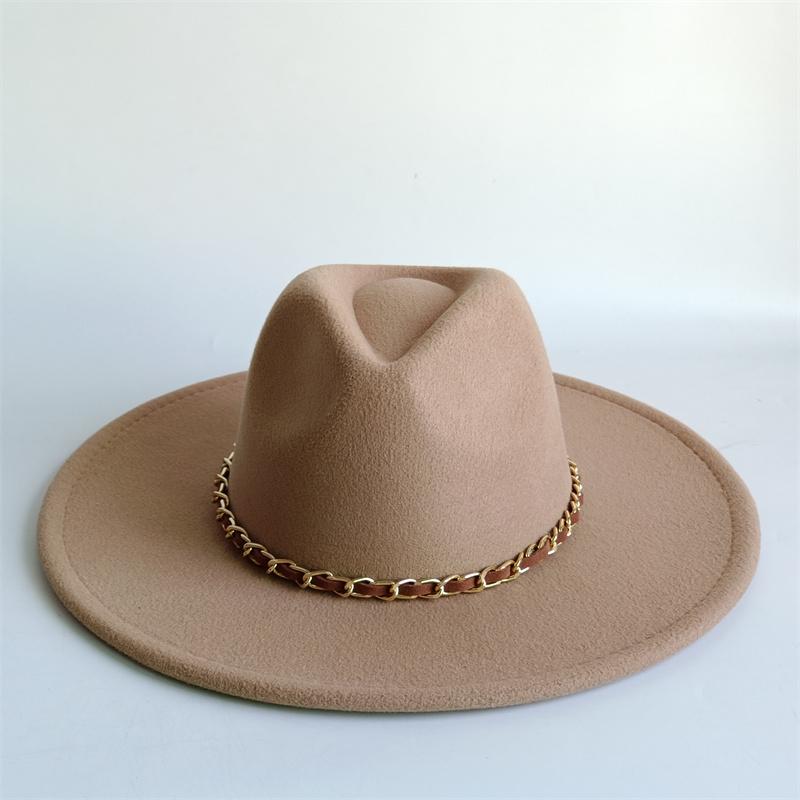 Yellow Fashion Fedora Hat With Colorful Chain 9.5Cm Wide Brim Hat For Women Winter Men'S Hat Cowboy Felt Hat Sombreros