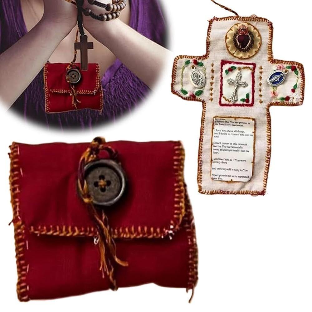 Cross Included Inside Pocket Shrine with Silver Handmade Sewing Accessories Handmade Prayer Quilt Mini Travel Shrine Pouch