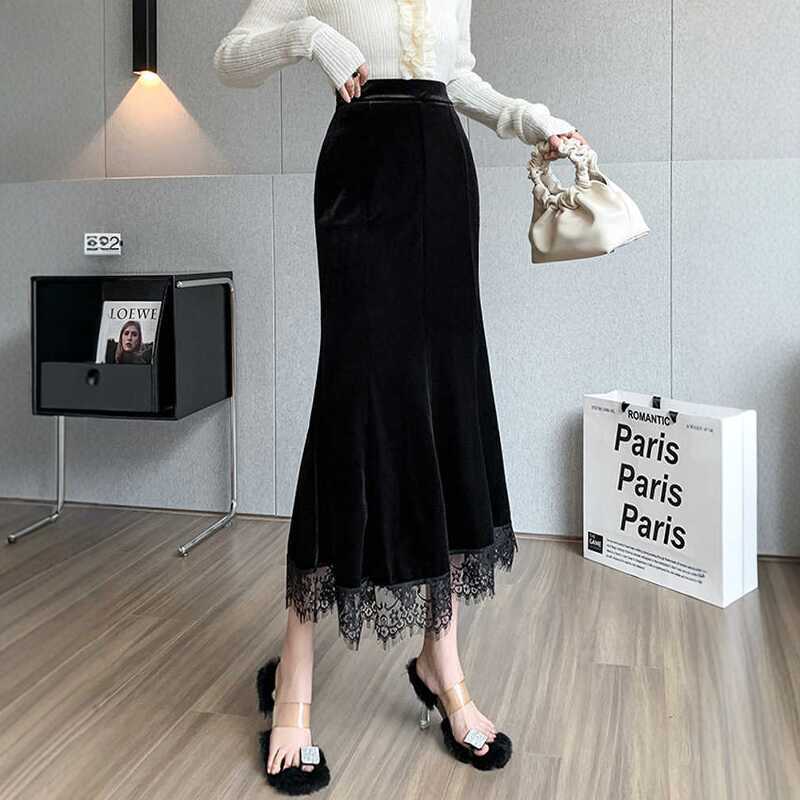 Golden Velvet Skirt Women's Autumn New Korean Version of the Pendant Feeling Hip Skirt High Waist and Thin Lace Fishtail Skirt
