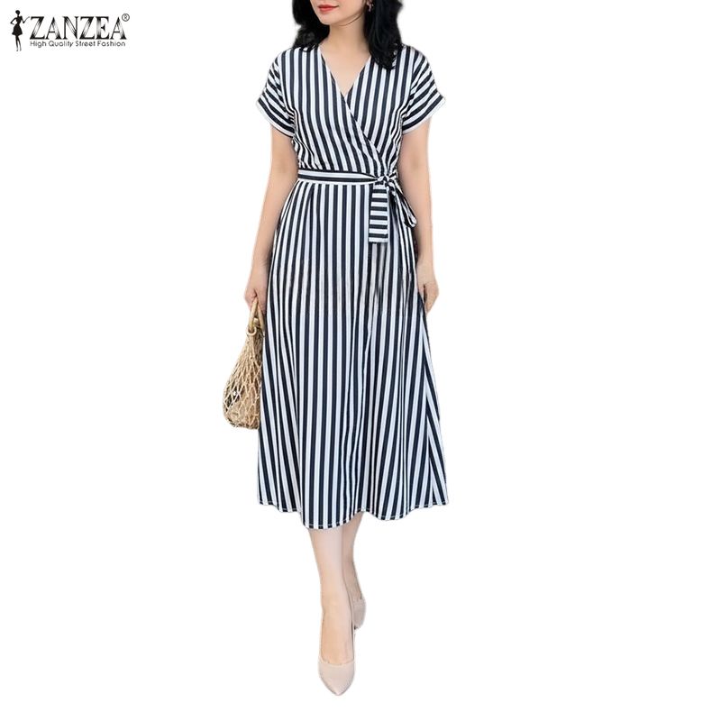 Casual Zanzea Short Vneck Women Sleeve Stripe Dress