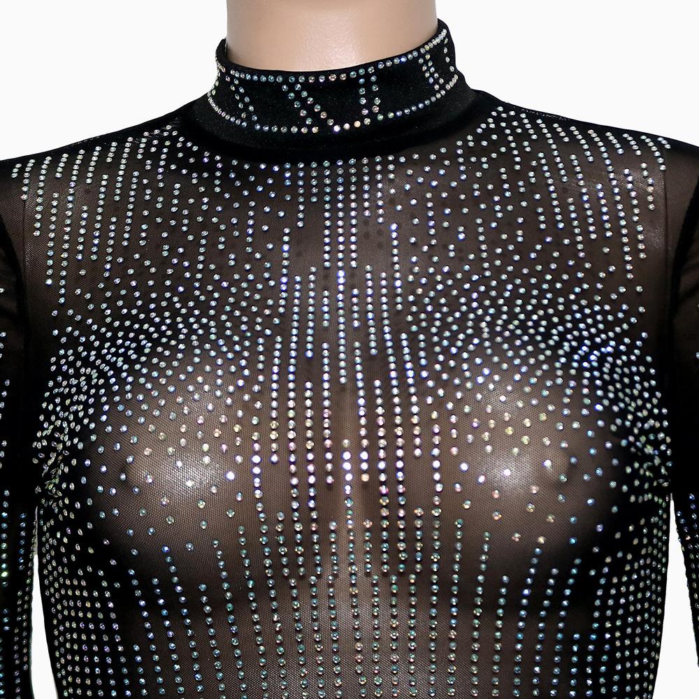 Women Fashion Sets Evening Dress Sexy Clubwear Black Long Sleeve Rhinestone T-Shirt and Skirt 2 Pcs Sets S-2XL