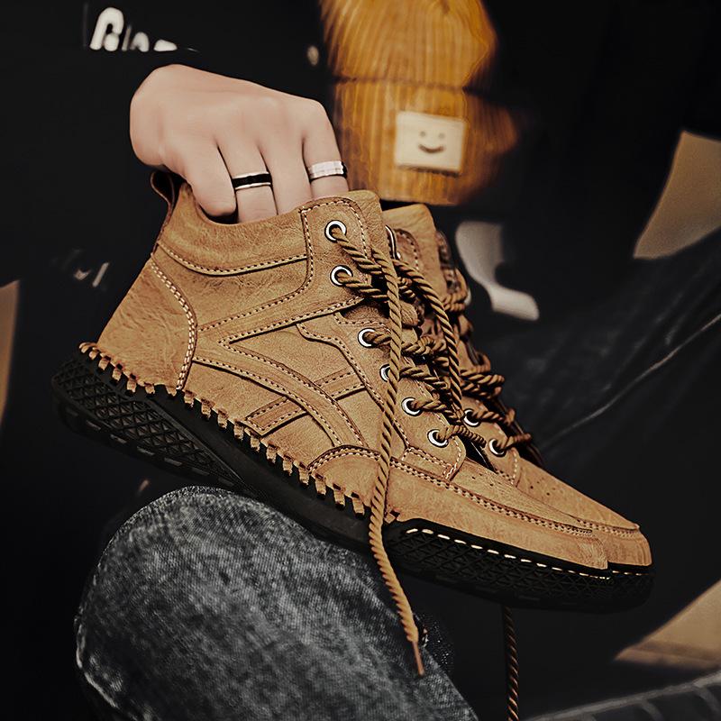 2025 winter new mid-top Martin boots men's large size hand-sewn short boots foreign trade velvet high-top leather boots