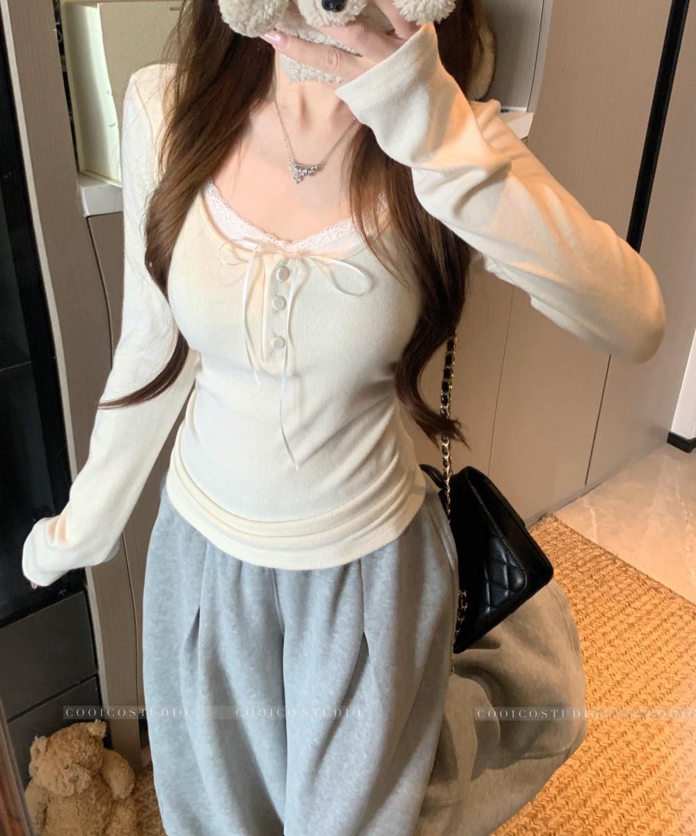 

Sweet Lace Two-Piece Square Neck Long Sleeve T-Shirt for Women - Slim Fit Lace-Up Design One Size абрикосовий