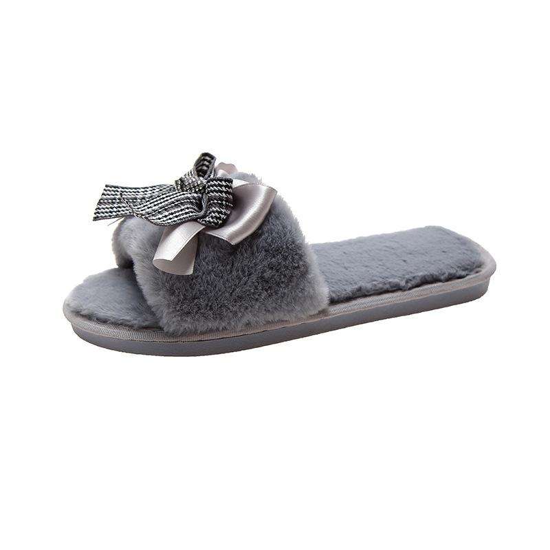 Mao Mao Cotton Slippers 2020 New Autumn and Winter One-word Bow Slippers Indoor and Outdoor Warm Fashion Flat Slippers